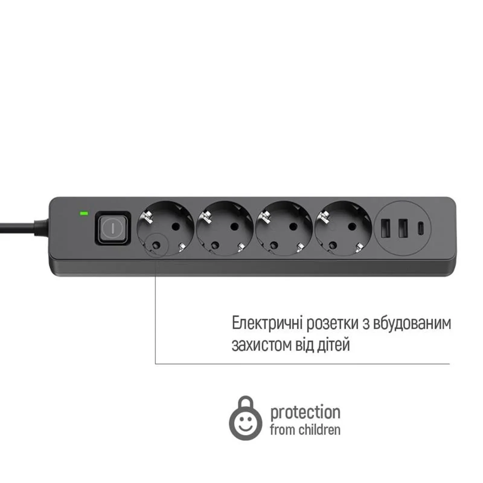 Фільтр живлення ColorWay CW-CHE432PDB 4 розетки, 3USB (2USB-A + 1 TYPE-C) (24W), 2м, Black UA