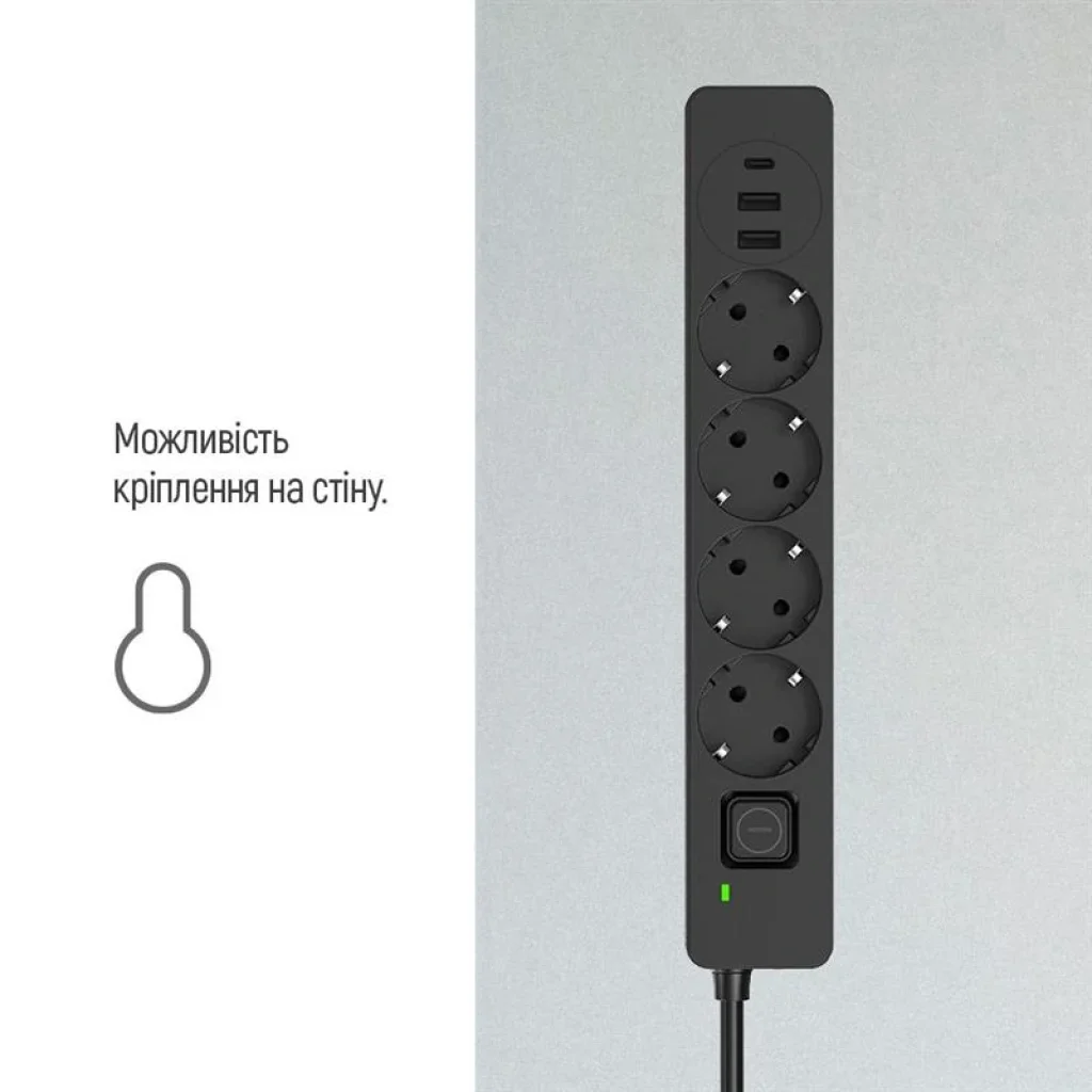 Фильтр питания ColorWay CW-CHE432PDB 4 розетки, 3USB (2USB-A + 1 TYPE-C) (24W), 2м, Black UA