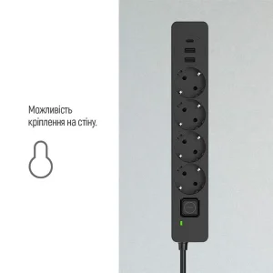 Фильтр питания ColorWay CW-CHE432PDB 4 розетки, 3USB (2USB-A + 1 TYPE-C) (24W), 2м, Black UA