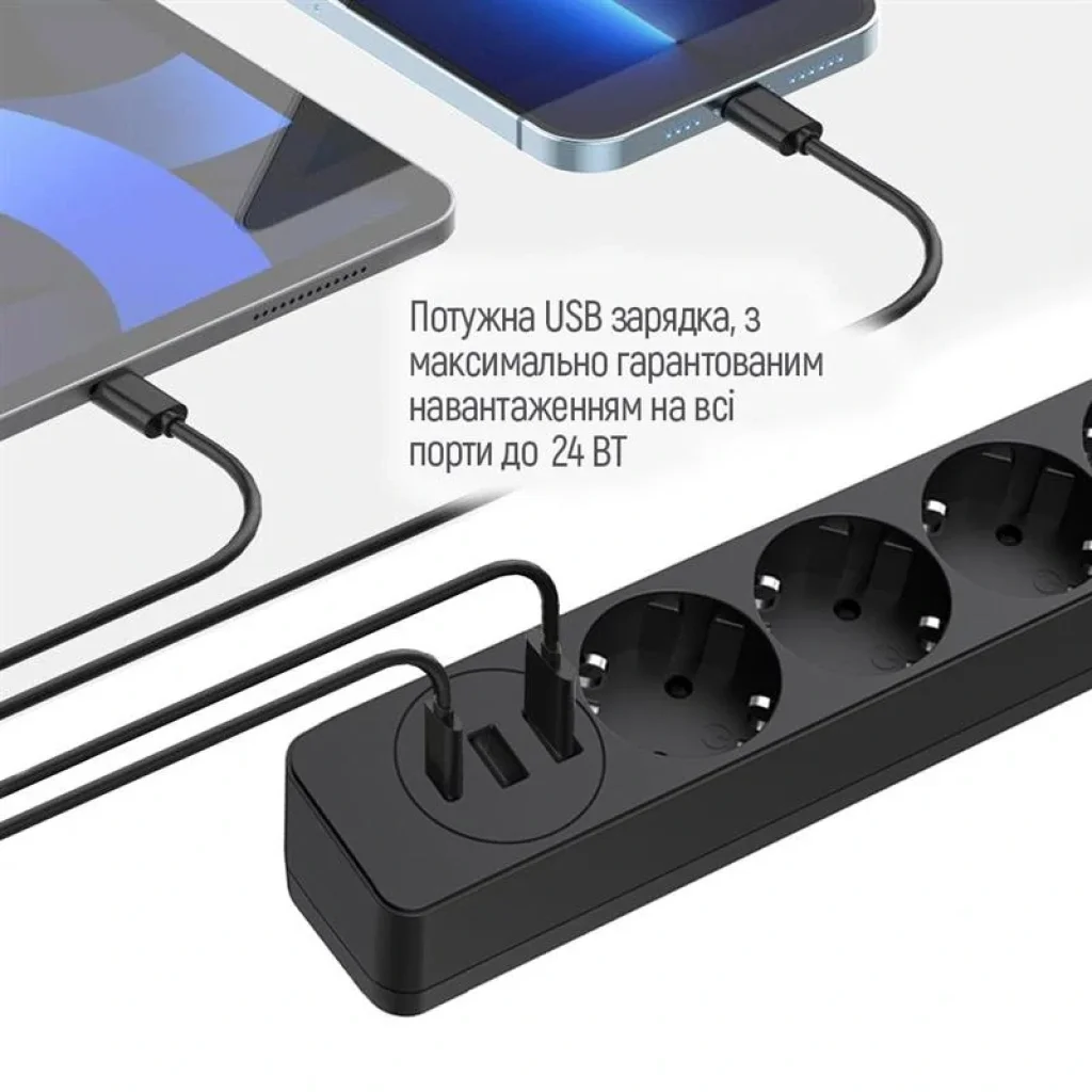 Фильтр питания ColorWay CW-CHE432PDB 4 розетки, 3USB (2USB-A + 1 TYPE-C) (24W), 2м, Black UA