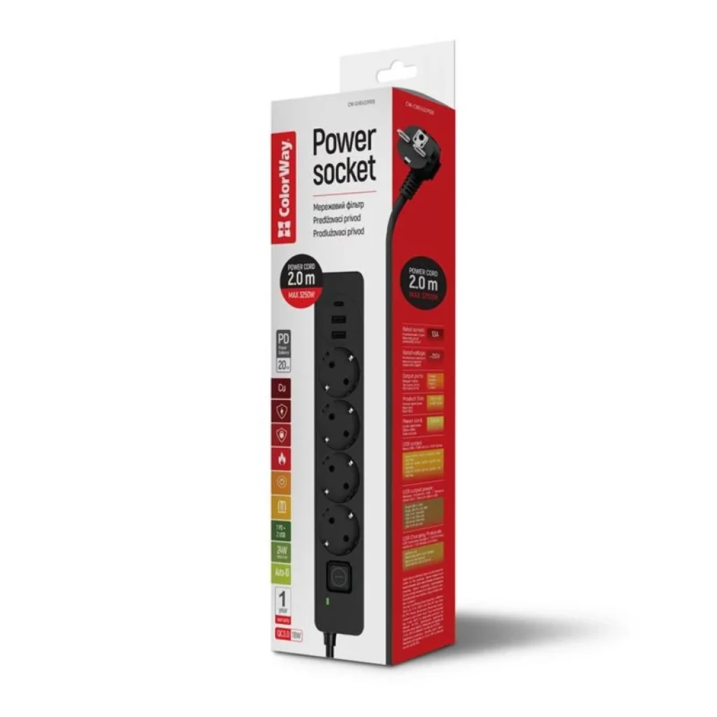 Фильтр питания ColorWay CW-CHE432PDB 4 розетки, 3USB (2USB-A + 1 TYPE-C) (24W), 2м, Black UA