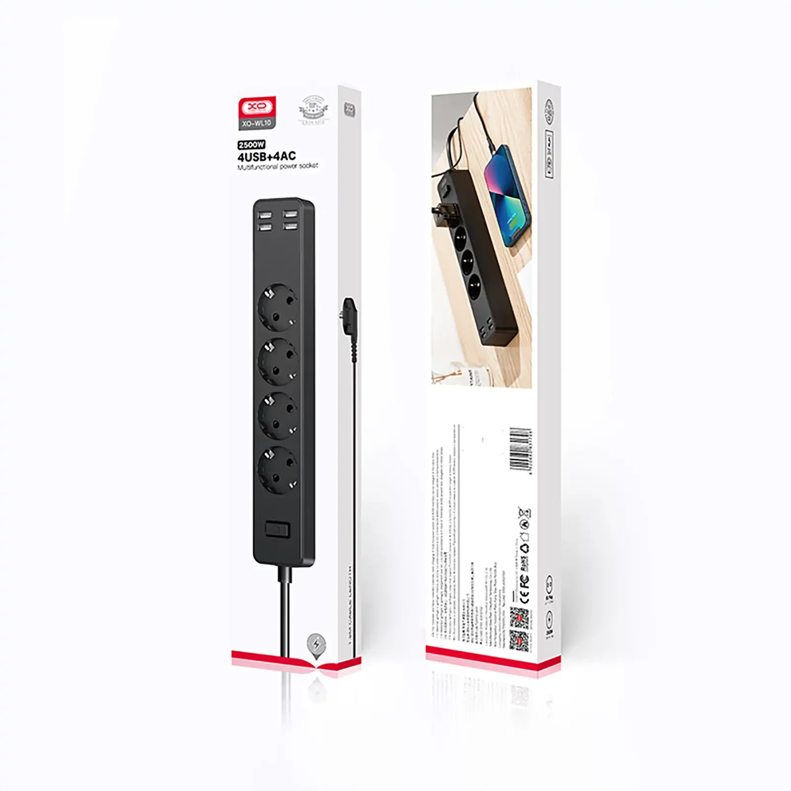 Мережевий фільтр XO WL10 4 розетки, 4 USB, 1.8 м Black (XO WL10.black) UA