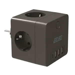 Сетевой адаптер 2E 4xТип F, 16A, 3xUSB-A, 1x USB-C, чёрный (2E-AD431BK) UA