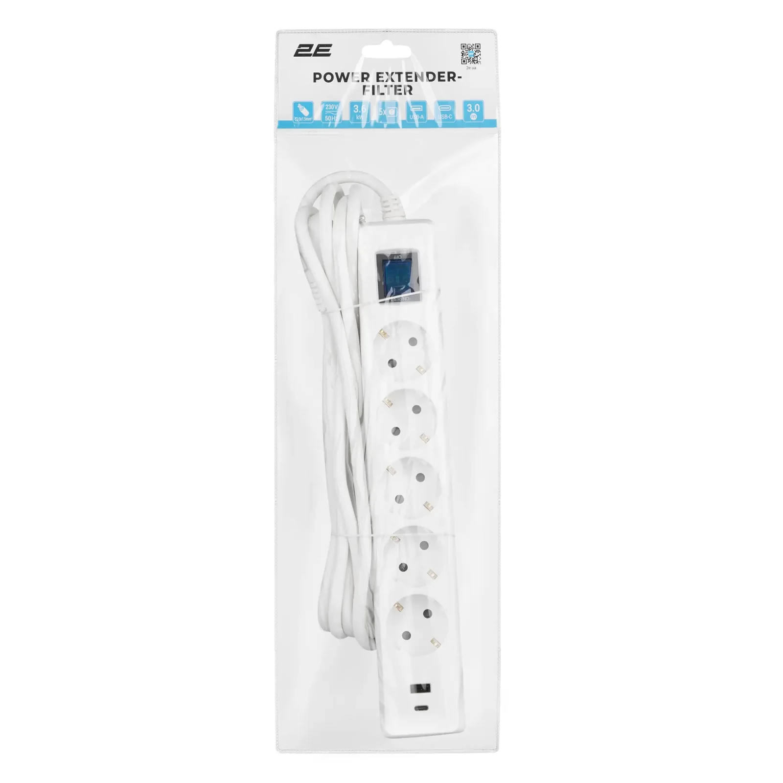 Сетевой фильтр 2E 5хSchuko, 1 х USB, 1 x USB-C, 3 м (2E-SP515M3USBWH) UA