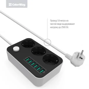 Фильтр питания ColorWay CW-CHE36B 3 розетки, 6 USB, 1.8 м, черный UA