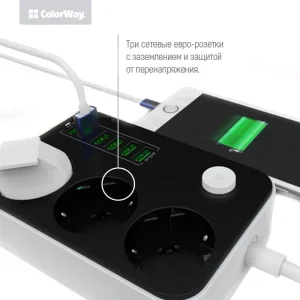Фильтр питания ColorWay CW-CHE36B 3 розетки, 6 USB, 1.8 м, черный UA