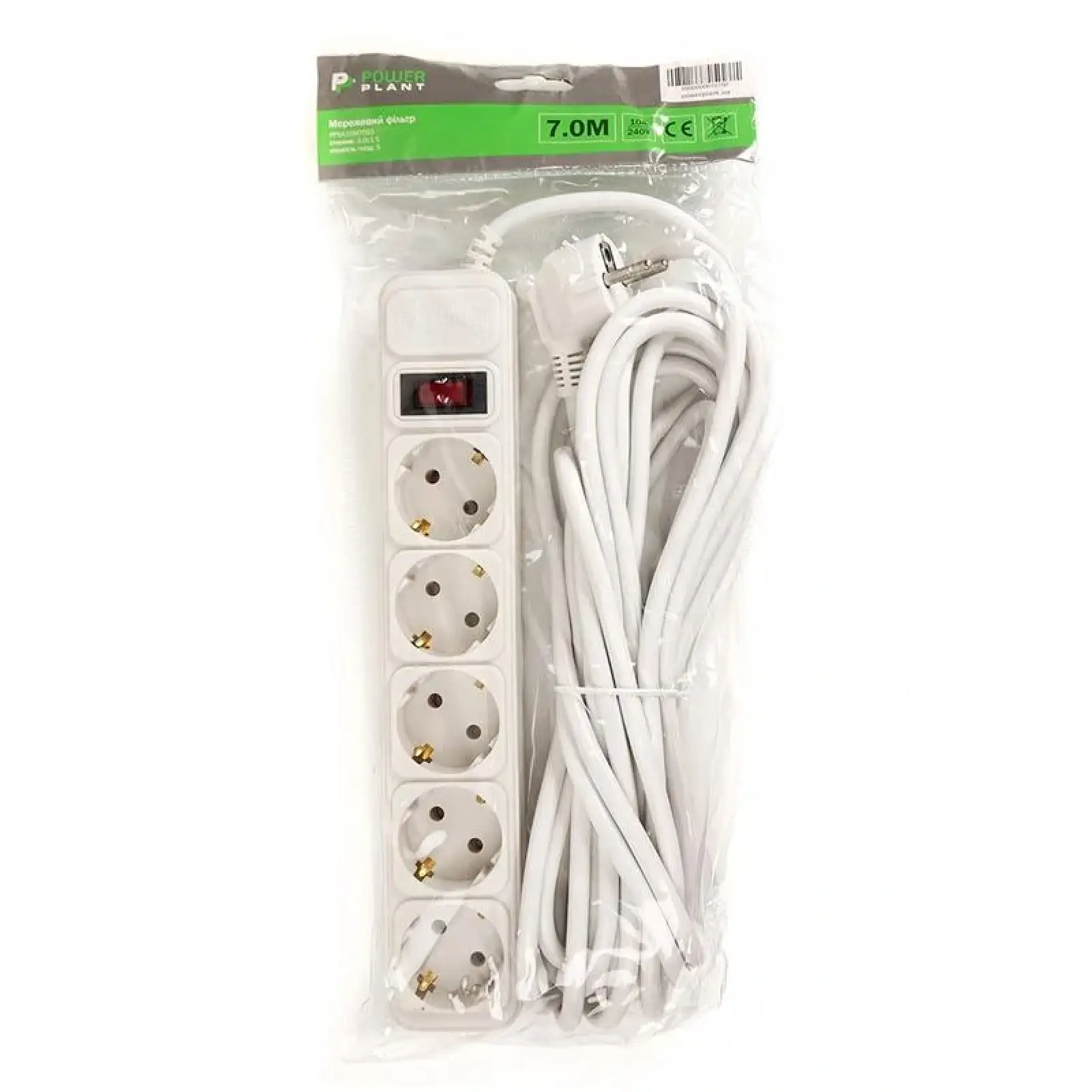 Фільтр живлення PowerPlant JY-1056/7 (PPSA10M70S5) 5 розеток, 7 м, білий (пакет) UA