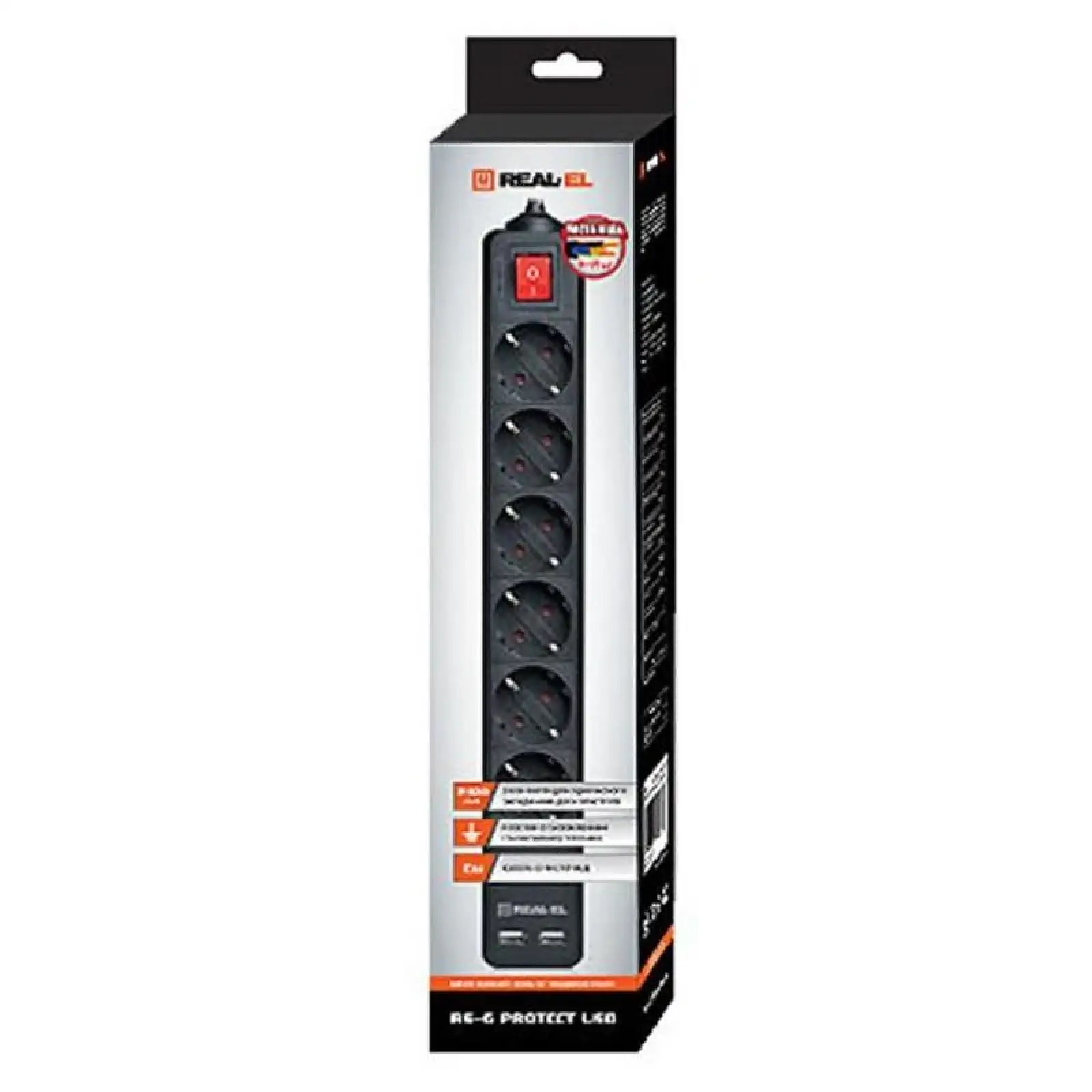 Фільтр живлення REAL-EL RS-6 PROTECT USB 1.8m Black, EL122300016 UA