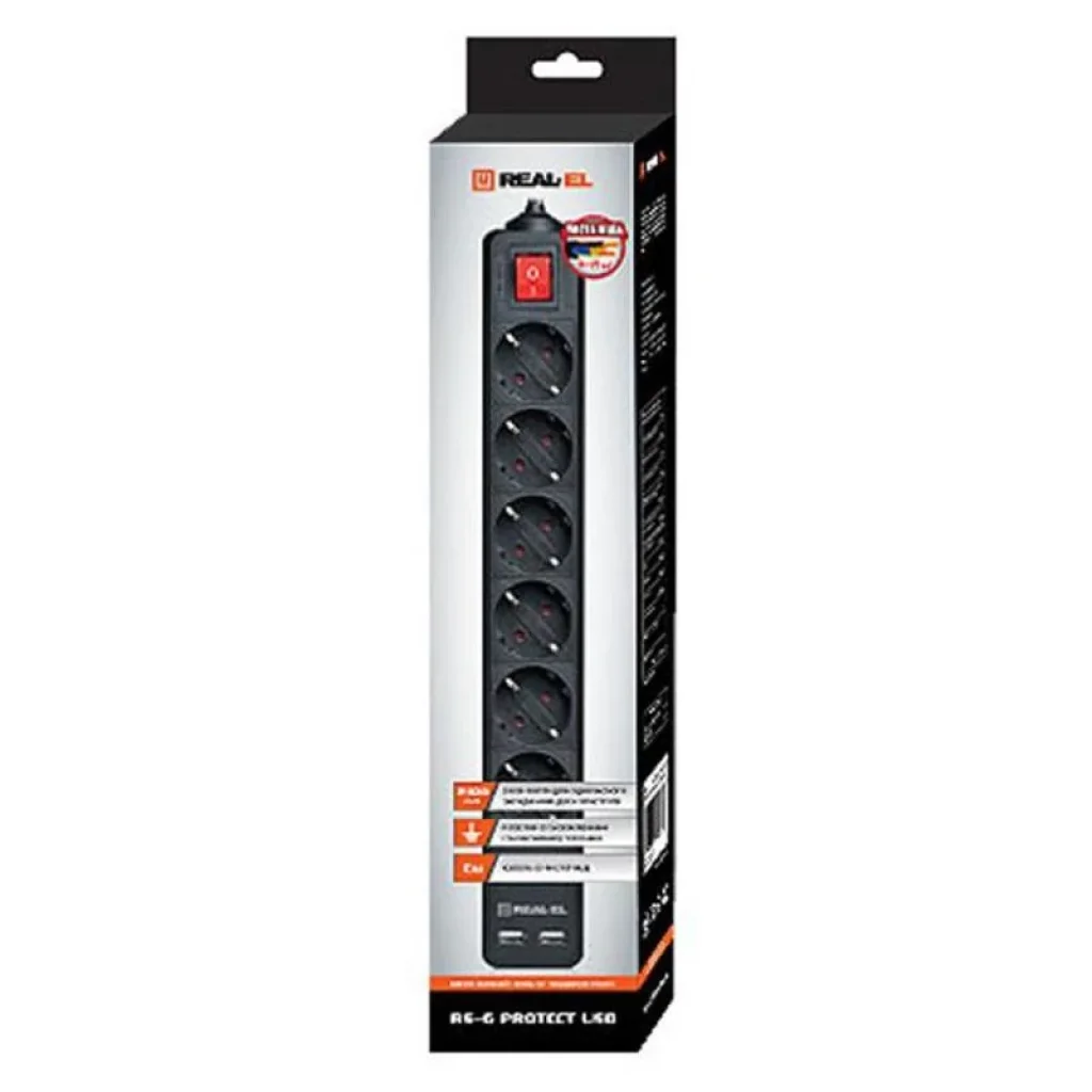 Фильтр питания REAL-EL RS-6 Protect USB 5m Black, EL122300018 UA