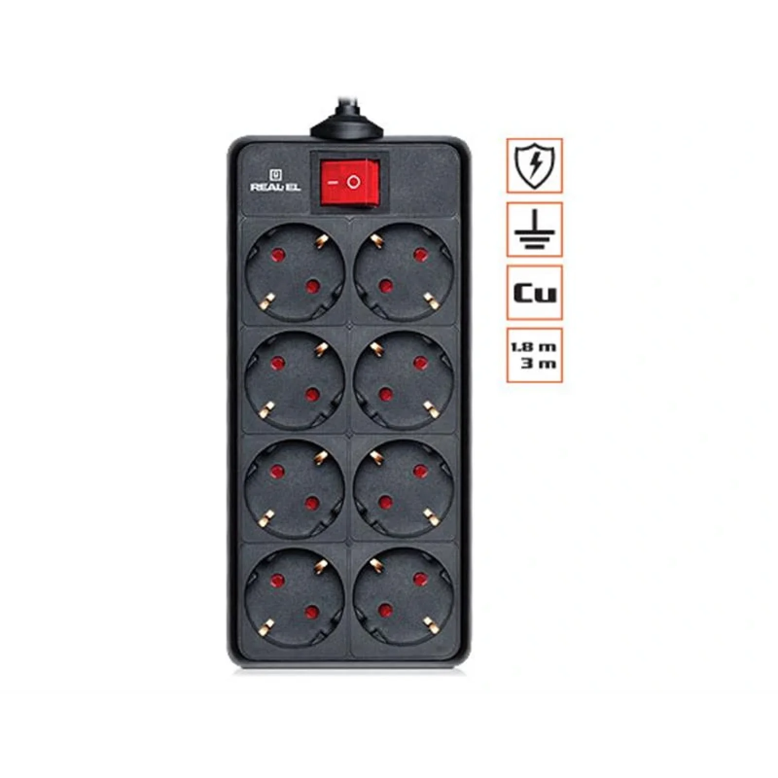 Фільтр живлення REAL-EL RS-8 PROTECT 1.8m Black, EL122300021 UA