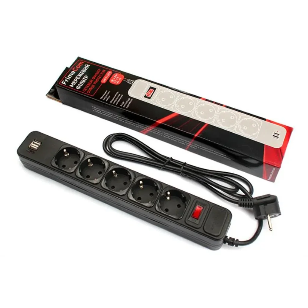 Фільтр живлення FrimeCom (FC-BU4005W 1.8 B) 5 розеток, 2хUSB, 1.8 м, чорний UA
