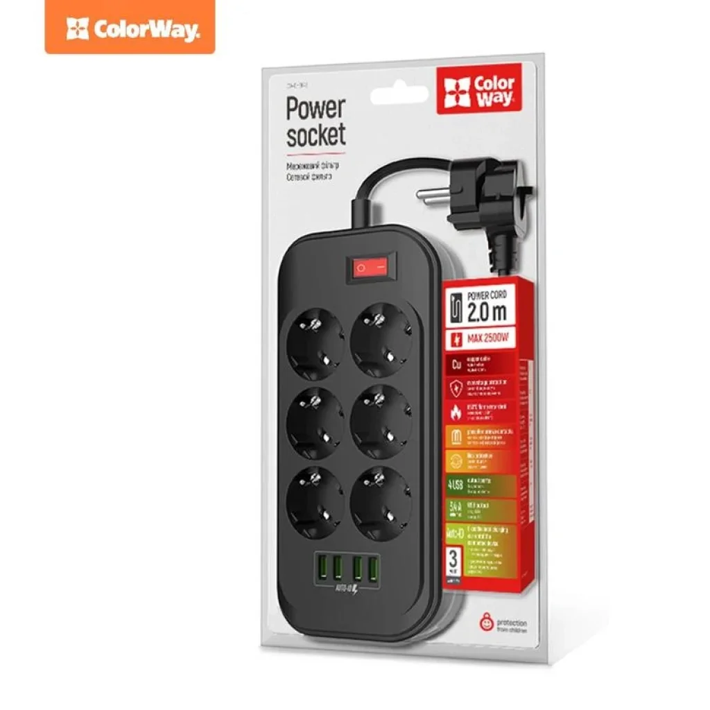 Фільтр живлення СolorWay (CW-CHE64B) 6 розеток, 4xUSB, 2м, Black UA