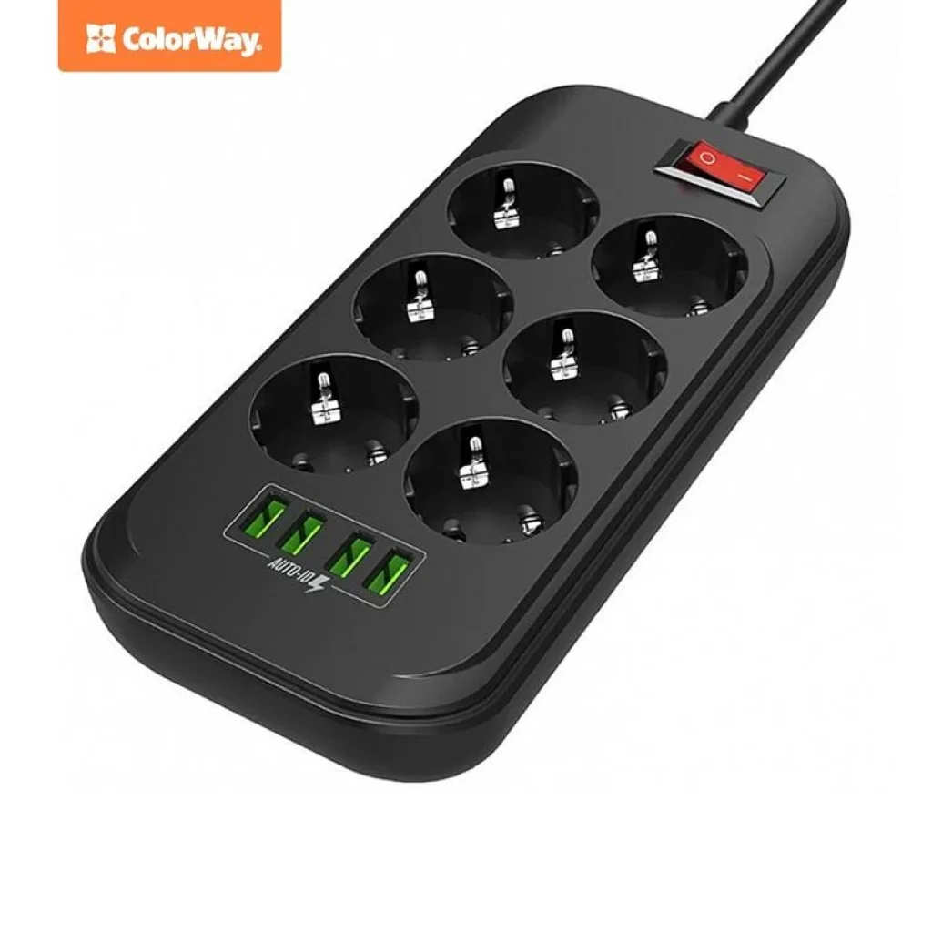 Фільтр живлення СolorWay (CW-CHE64B) 6 розеток, 4xUSB, 2м, Black UA