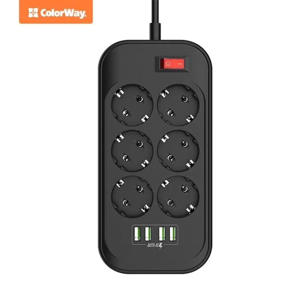 Фільтр живлення СolorWay (CW-CHE64B) 6 розеток, 4xUSB, 2м, Black UA