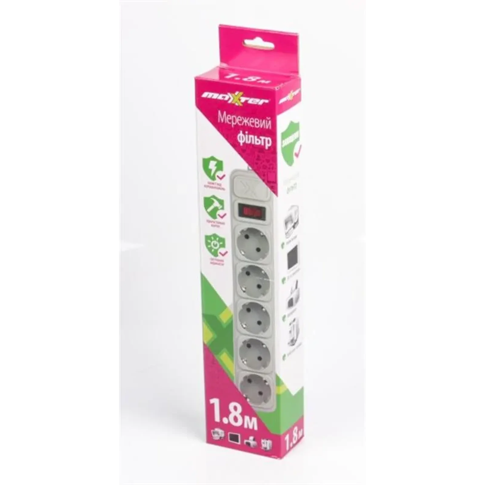 Фильтр питания Maxxter 5 розеток 1.8м (SPM5-G-6G) серый UA