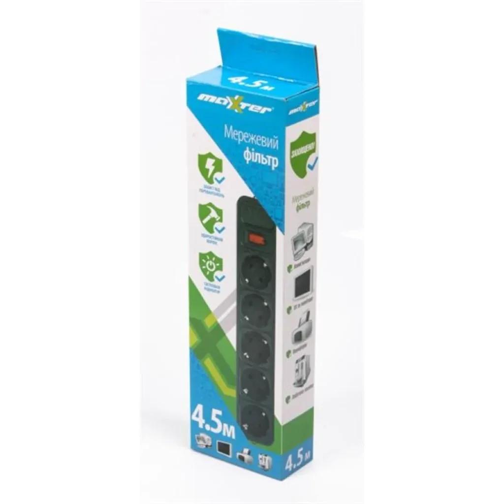 Фільтр живлення Maxxter 5 розеток 4.5м (SPM5-G-15B) чорний UA