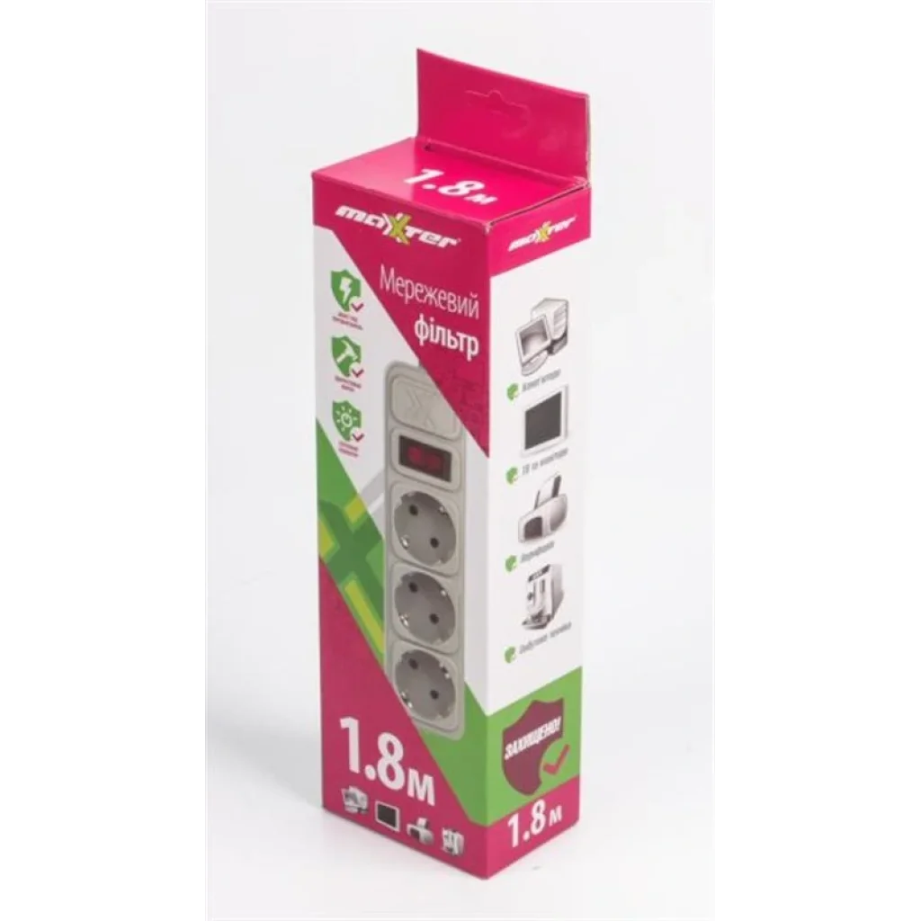 Фільтр живлення Maxxter (SPM3-G-6G) 3 розетки, 1.8м, білий UA