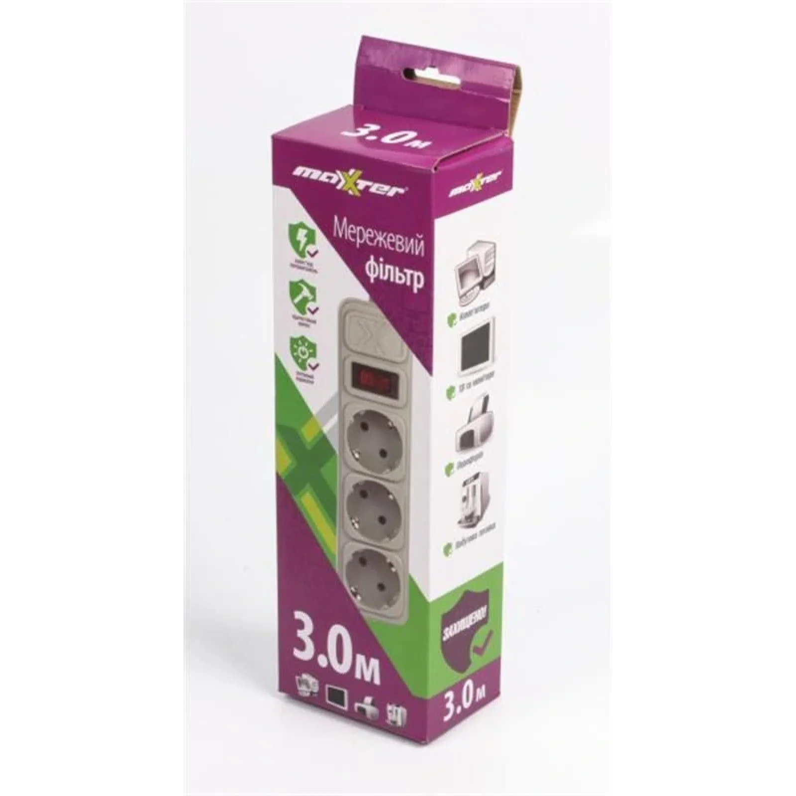 Фильтр питания Maxxter (SPM3-G-10G) 3 розетки, 3м, белый UA