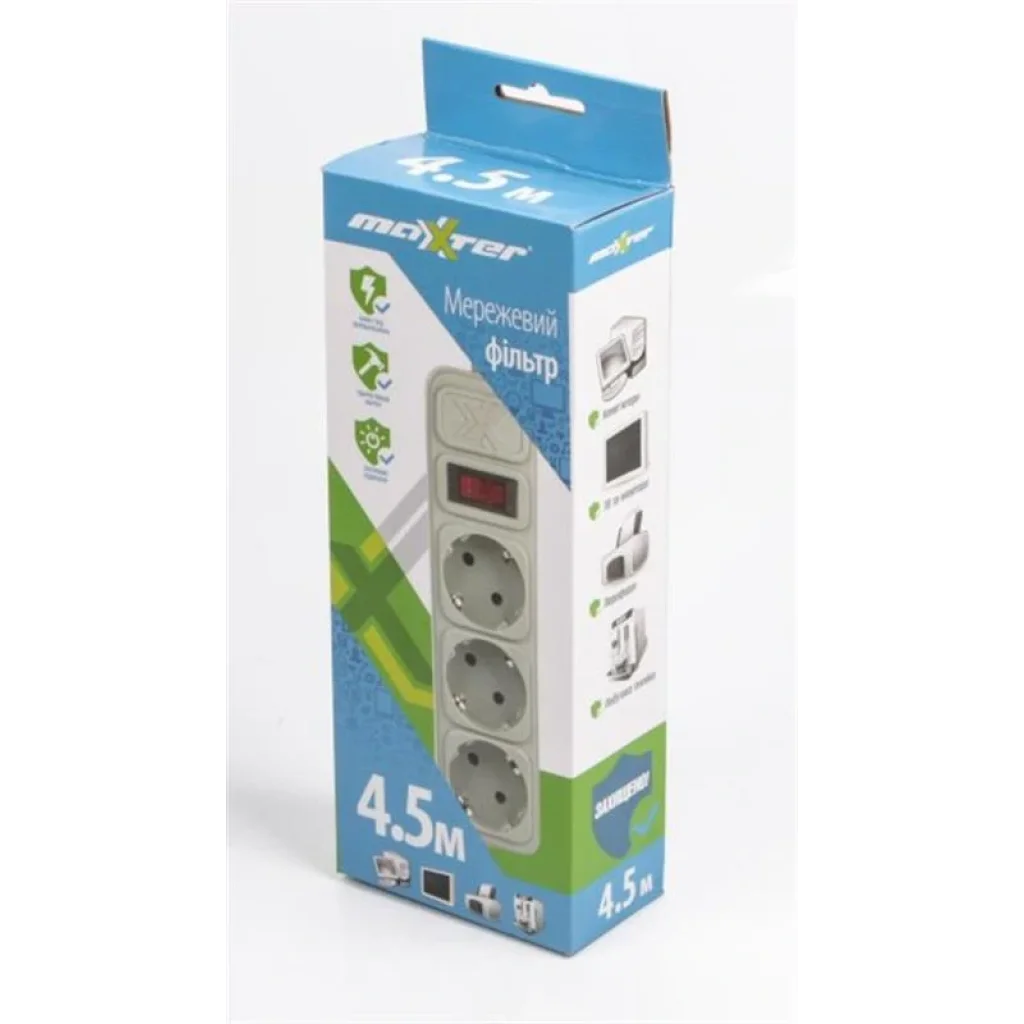 Фільтр живлення Maxxter (SPM3-G-15G) 3 розетки, 4.5м, білий UA