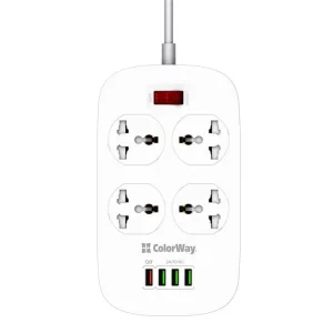 Фильтр питания ColorWay CW-CHU44QW 4 розетки, 4 USB (1QC3.0+3 AUTO ID), 1.8 м, белый UA