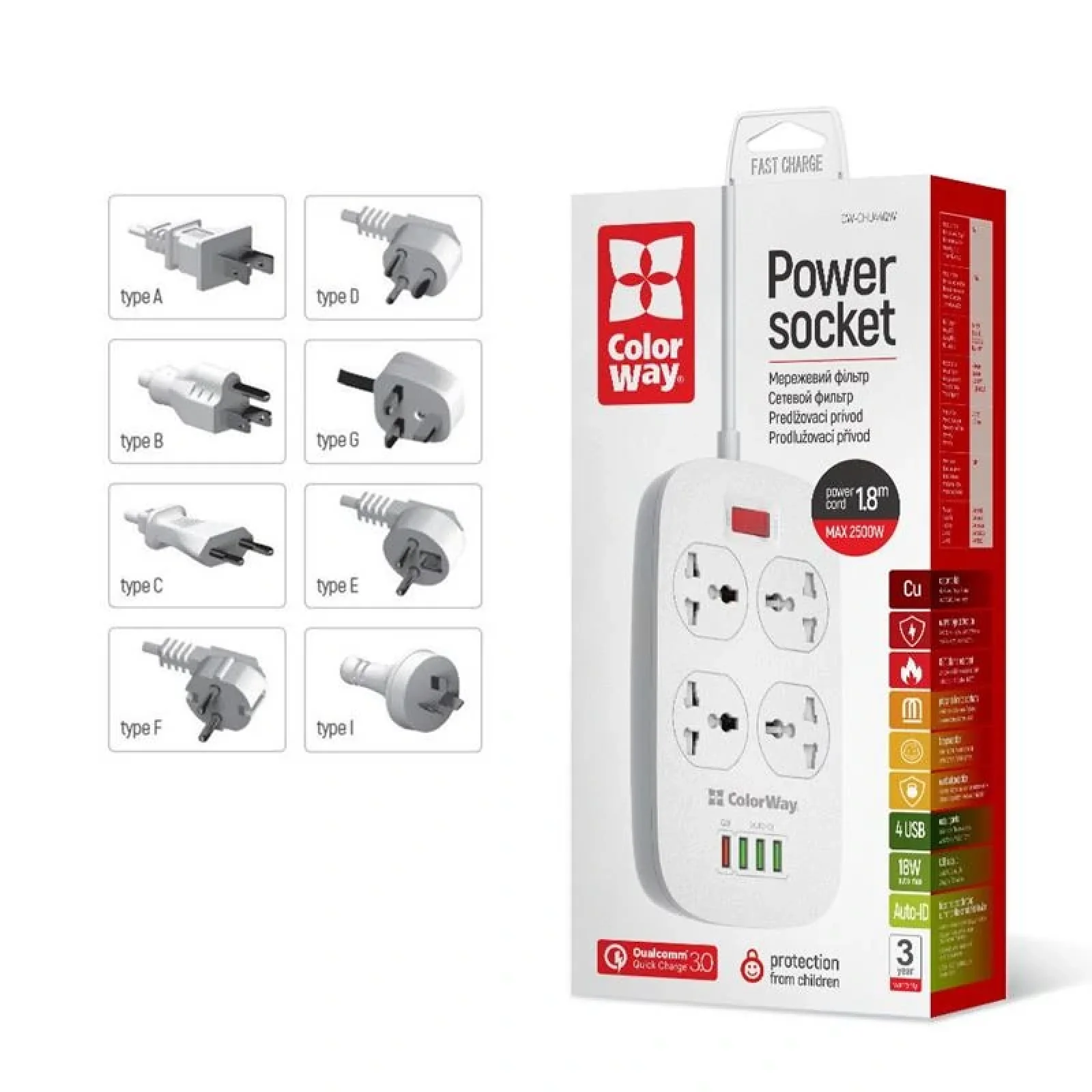 Фильтр питания ColorWay CW-CHU44QW 4 розетки, 4 USB (1QC3.0+3 AUTO ID), 1.8 м, белый UA