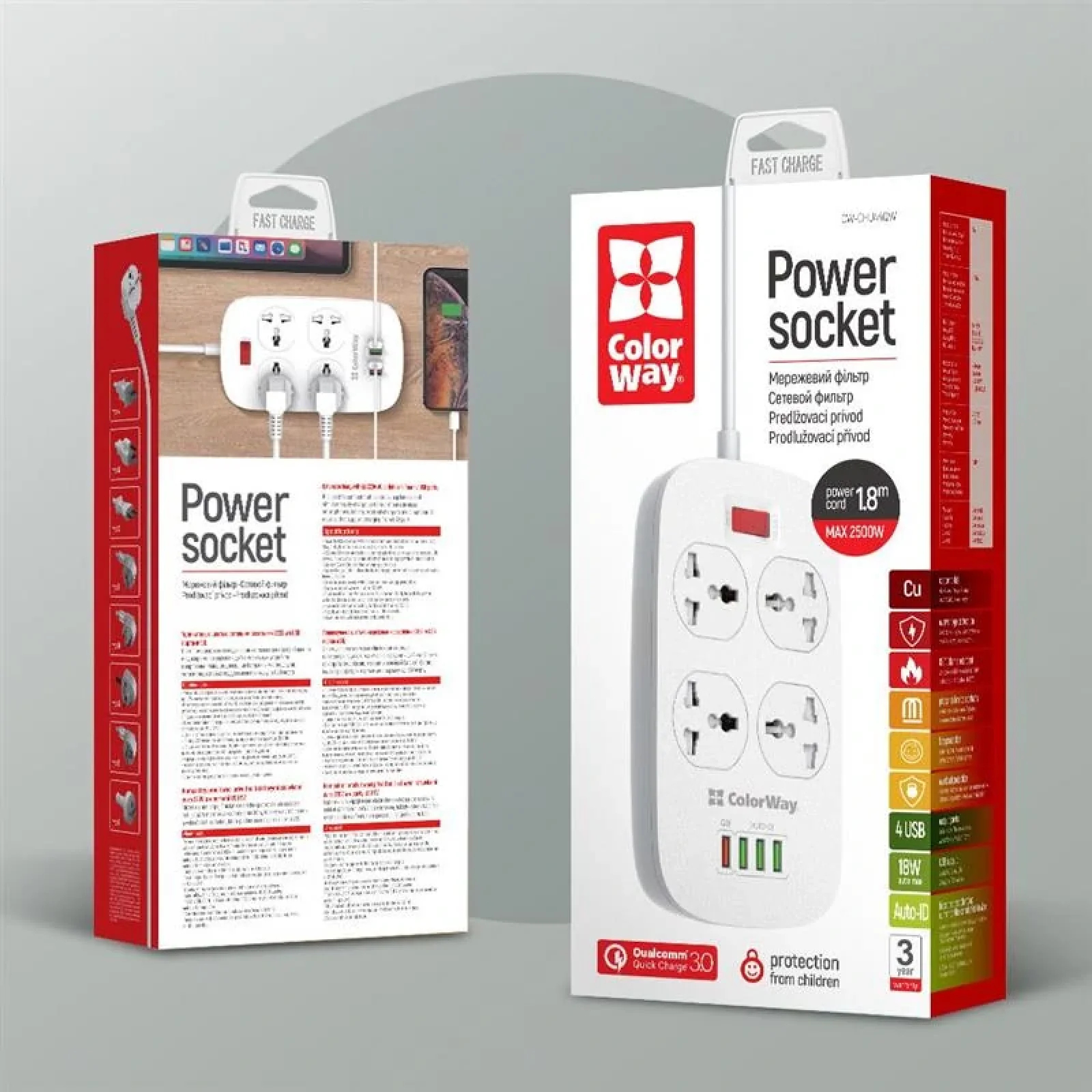 Фильтр питания ColorWay CW-CHU44QW 4 розетки, 4 USB (1QC3.0+3 AUTO ID), 1.8 м, белый UA