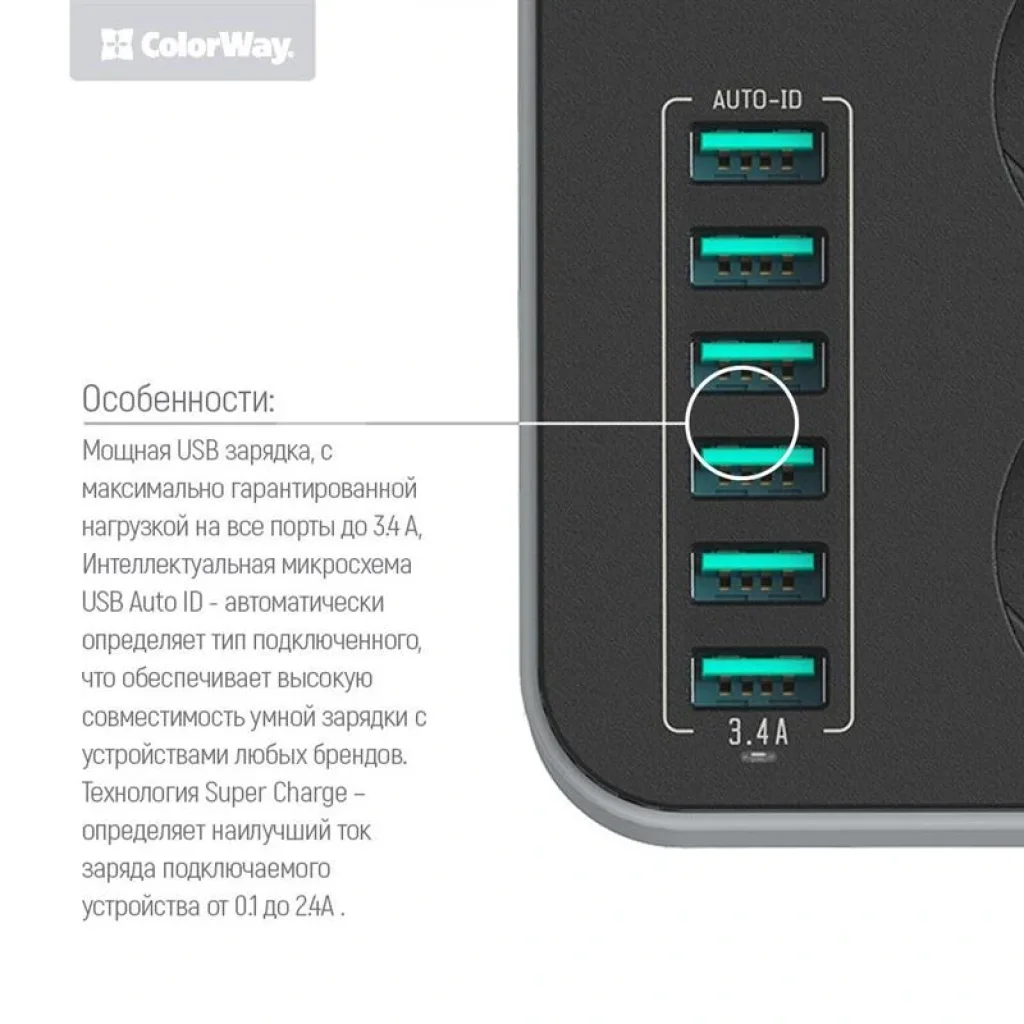 Фильтр питания ColorWay CW-CHE36B 3 розетки, 6 USB, 1.8 м, черный UA