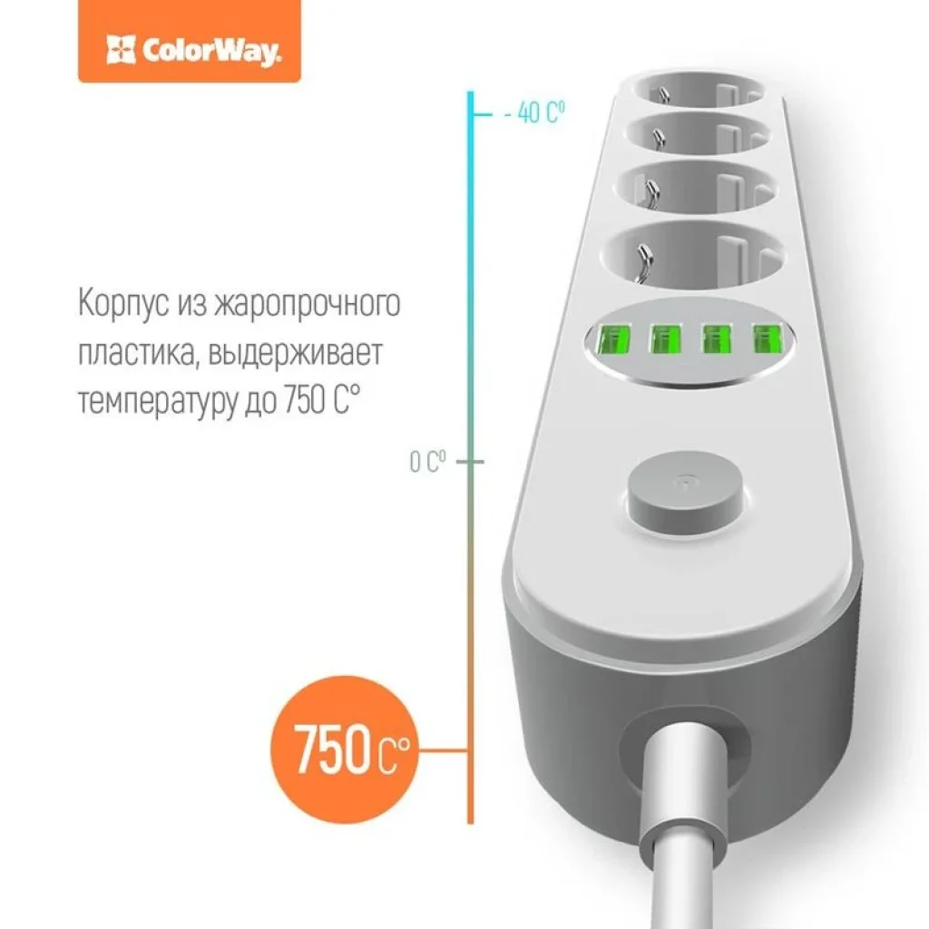 Фильтр питания ColorWay CW-CHE44W 4 розетки, 4 USB, 2 м, белый UA