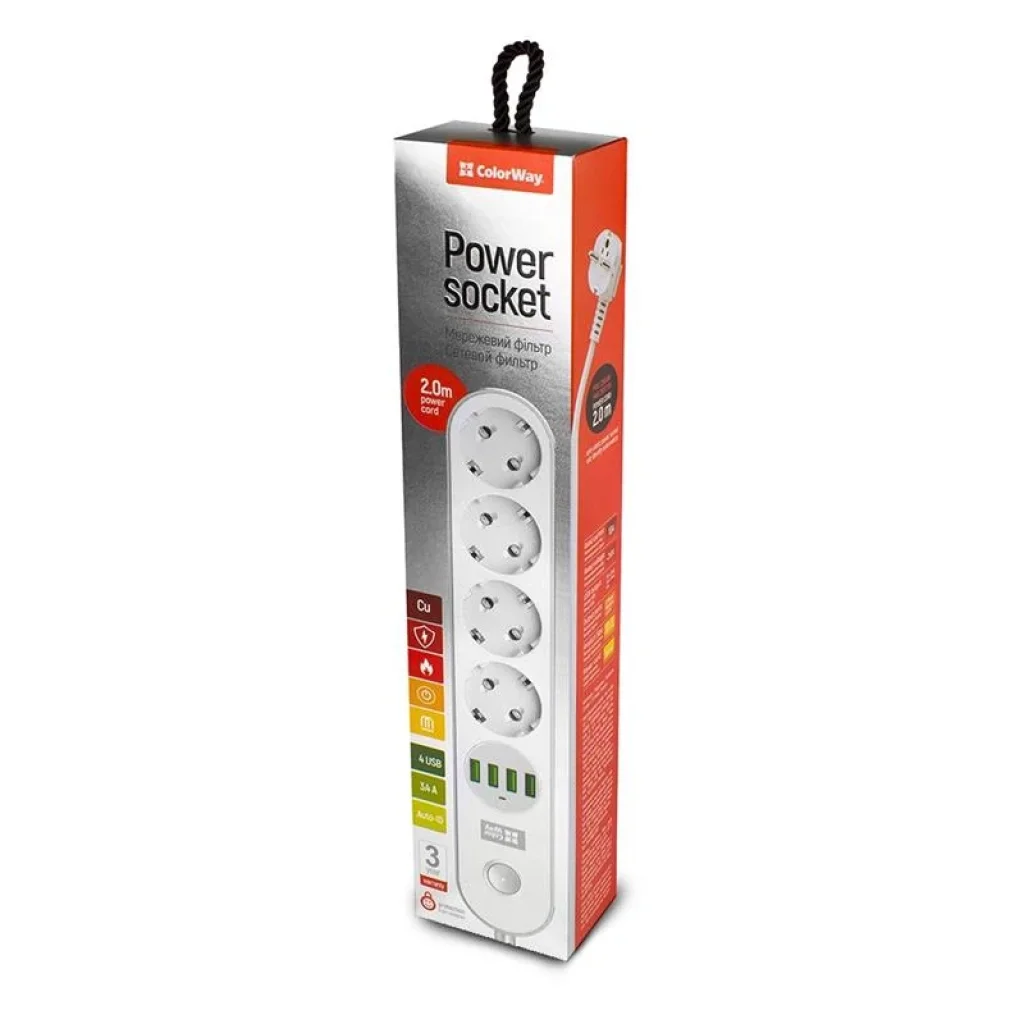 Фильтр питания ColorWay CW-CHE44W 4 розетки, 4 USB, 2 м, белый UA