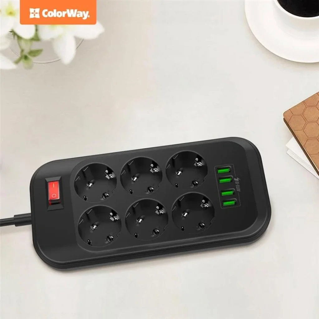 Фільтр живлення СolorWay (CW-CHE64B) 6 розеток, 4xUSB, 2м, Black UA