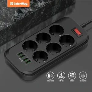 Фільтр живлення СolorWay (CW-CHE64B) 6 розеток, 4xUSB, 2м, Black UA