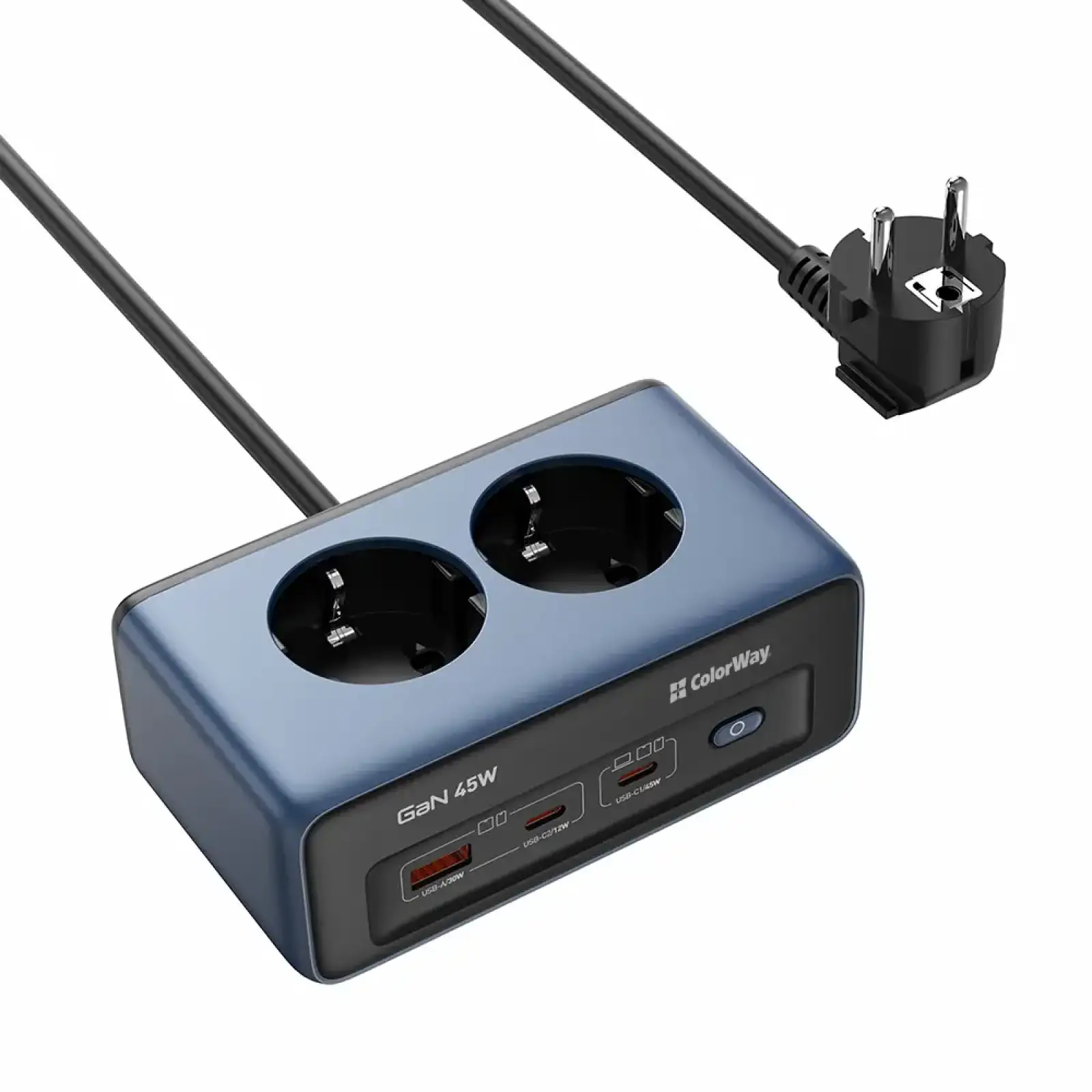 Фильтр питания ColorWay CW-CHE25PDB 45W 2 розетки, 1xUSB-A 2xUSB-C, 2 м, синий UA
