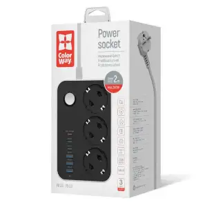 Фильтр питания ColorWay CW-CHE36PDB 20W (3 USB-A + 3 TYPE-C) 3 розетки, 6 USB, 2 м, черный UA