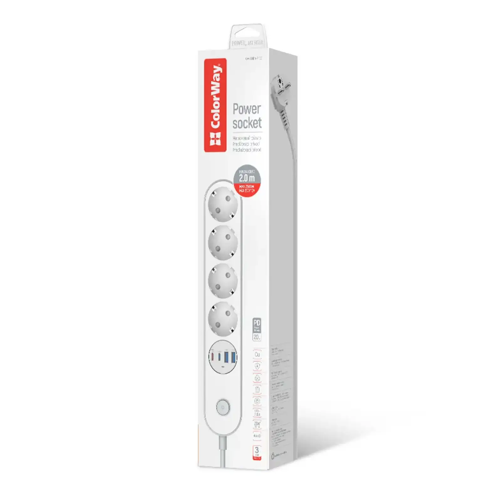 Фильтр питания ColorWay CW-CHE44PDW 4 розетки, 4USB (Type-C PD20W + 3USB QC3.0) (45W), 2 м, White UA