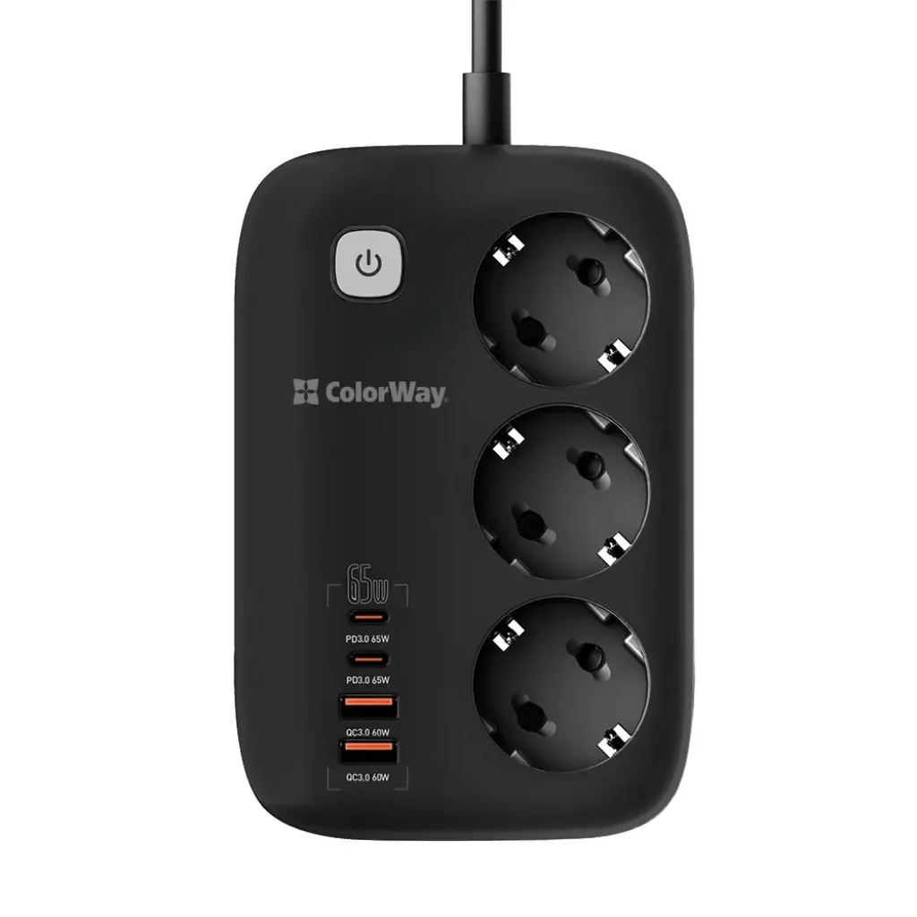 Фильтр питания ColorWay CW-CHE34PDB GaN3 Pro PD 65W (2USB-A + 2 TYPE-C) 3 розетки, 4 USB, 2 м, черный UA
