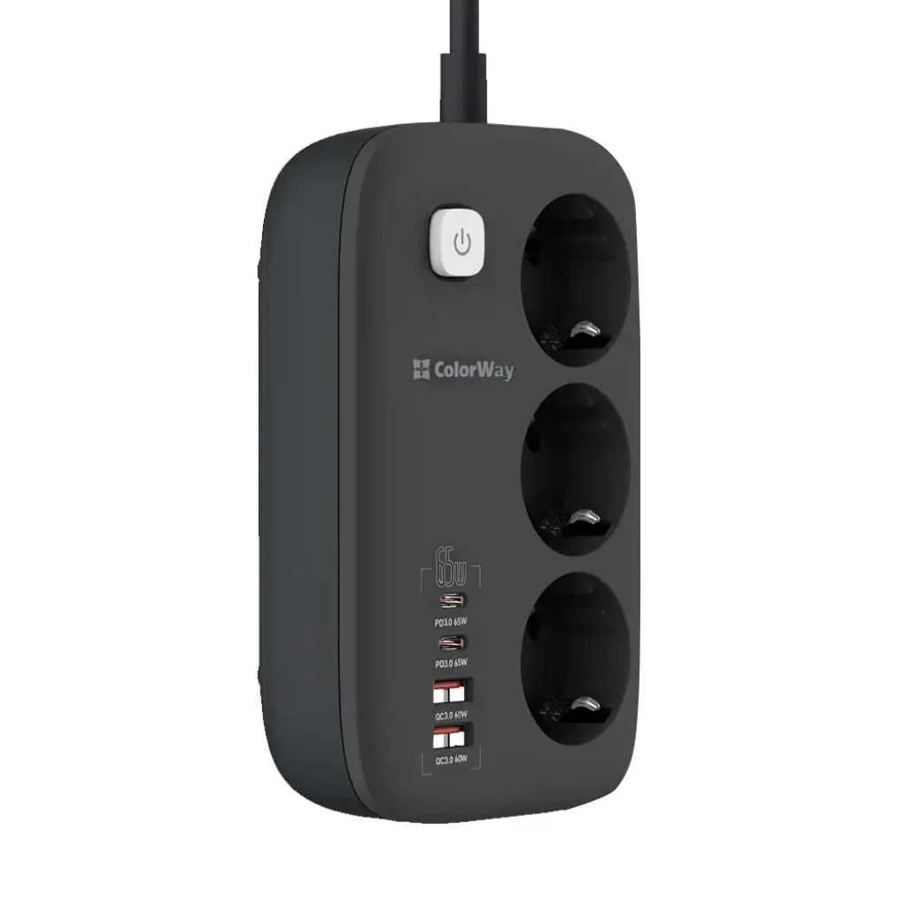 Фильтр питания ColorWay CW-CHE34PDB GaN3 Pro PD 65W (2USB-A + 2 TYPE-C) 3 розетки, 4 USB, 2 м, черный UA