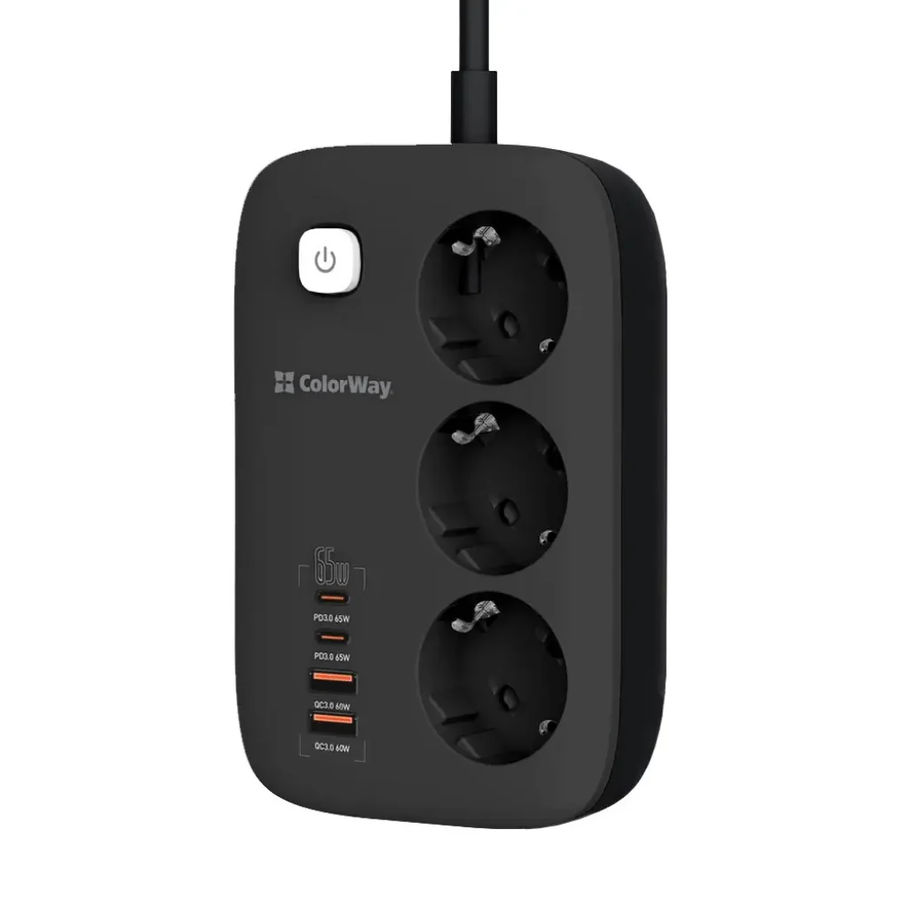 Фильтр питания ColorWay CW-CHE34PDB GaN3 Pro PD 65W (2USB-A + 2 TYPE-C) 3 розетки, 4 USB, 2 м, черный UA