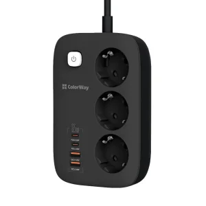 Фильтр питания ColorWay CW-CHE34PDB GaN3 Pro PD 65W (2USB-A + 2 TYPE-C) 3 розетки, 4 USB, 2 м, черный UA