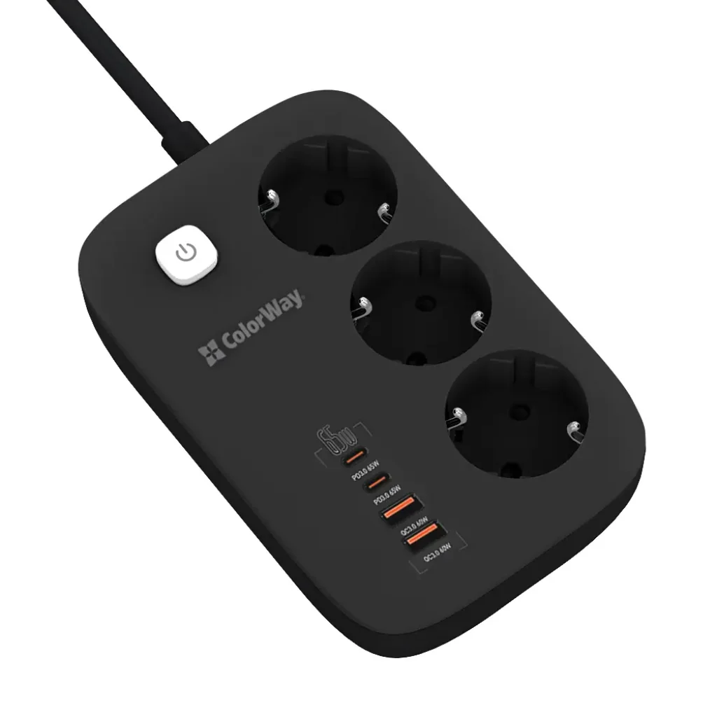 Фильтр питания ColorWay CW-CHE34PDB GaN3 Pro PD 65W (2USB-A + 2 TYPE-C) 3 розетки, 4 USB, 2 м, черный UA