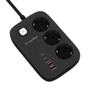 Фильтр питания ColorWay CW-CHE34PDB GaN3 Pro PD 65W (2USB-A + 2 TYPE-C) 3 розетки, 4 USB, 2 м, черный UA