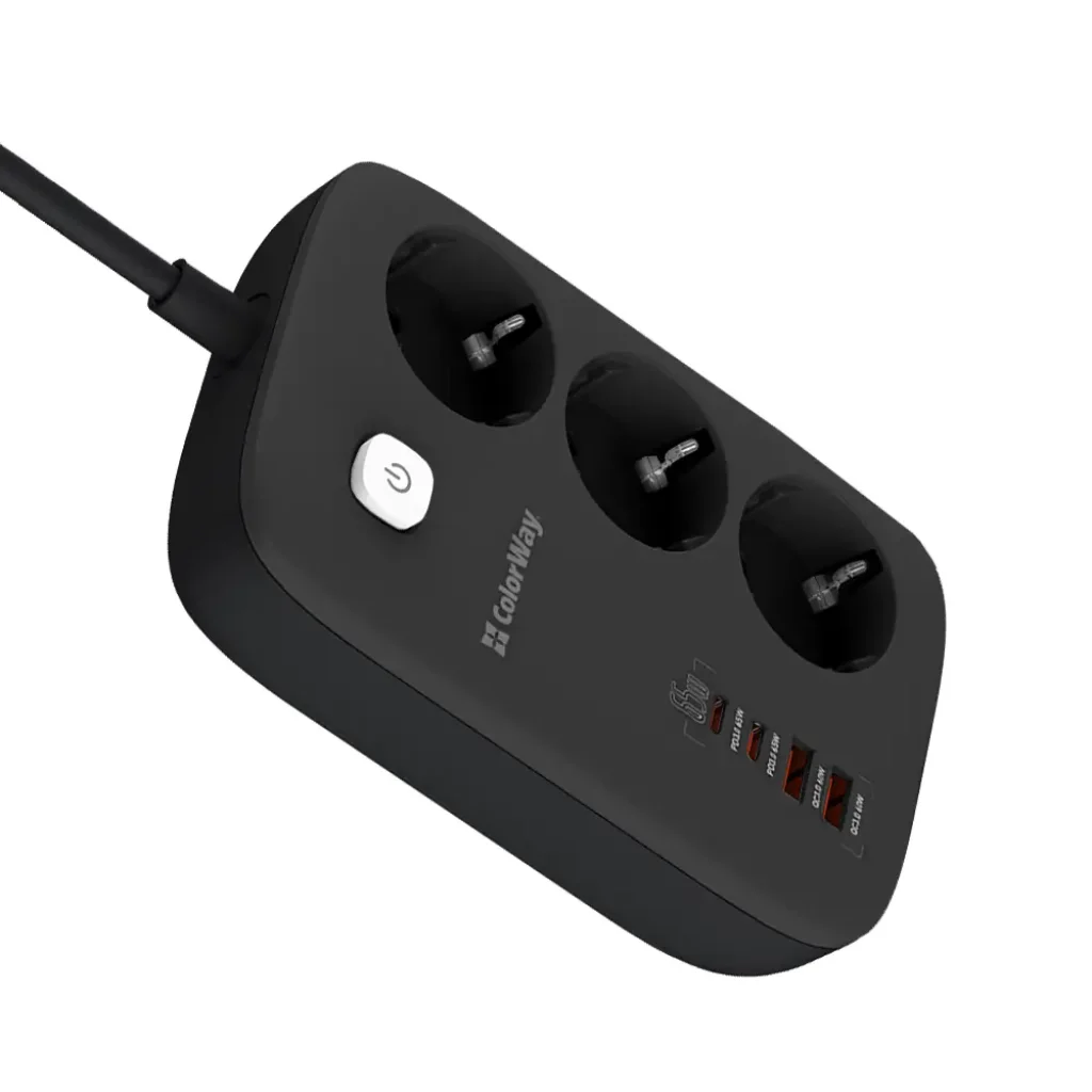 Фильтр питания ColorWay CW-CHE34PDB GaN3 Pro PD 65W (2USB-A + 2 TYPE-C) 3 розетки, 4 USB, 2 м, черный UA
