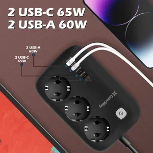 Фильтр питания ColorWay CW-CHE34PDB GaN3 Pro PD 65W (2USB-A + 2 TYPE-C) 3 розетки, 4 USB, 2 м, черный UA