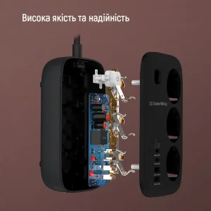 Фильтр питания ColorWay CW-CHE34PDB GaN3 Pro PD 65W (2USB-A + 2 TYPE-C) 3 розетки, 4 USB, 2 м, черный UA