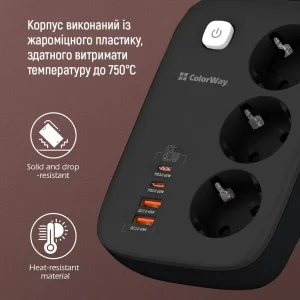 Фильтр питания ColorWay CW-CHE34PDB GaN3 Pro PD 65W (2USB-A + 2 TYPE-C) 3 розетки, 4 USB, 2 м, черный UA
