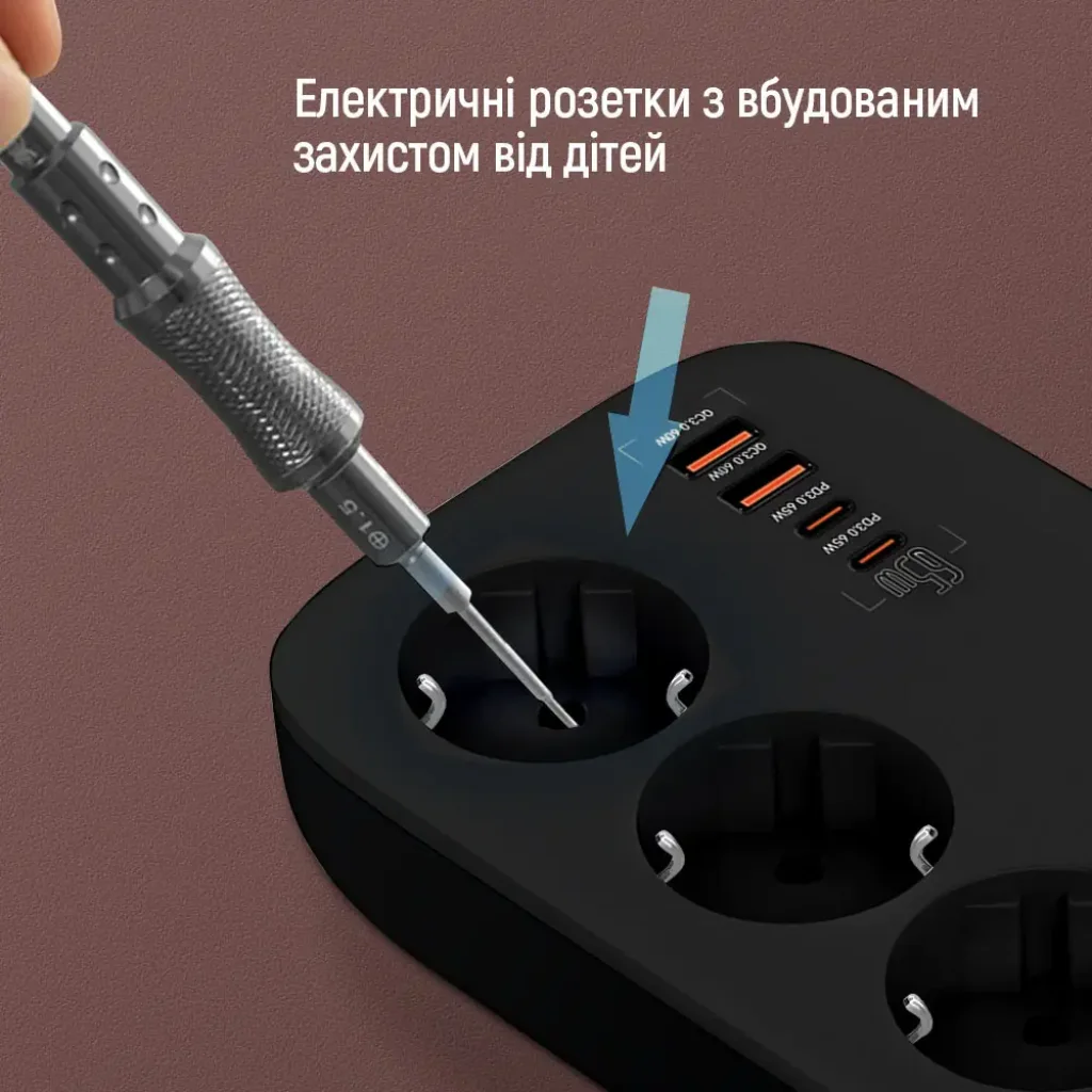 Фильтр питания ColorWay CW-CHE34PDB GaN3 Pro PD 65W (2USB-A + 2 TYPE-C) 3 розетки, 4 USB, 2 м, черный UA