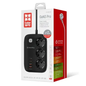 Фильтр питания ColorWay CW-CHE34PDB GaN3 Pro PD 65W (2USB-A + 2 TYPE-C) 3 розетки, 4 USB, 2 м, черный UA