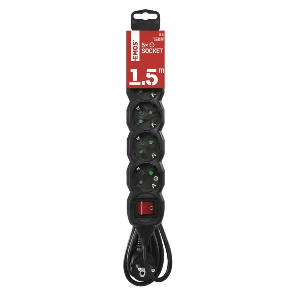 Фильтр питания Emos (PC1521R) с выключателем, 5 розеток, 1.5м, Black UA