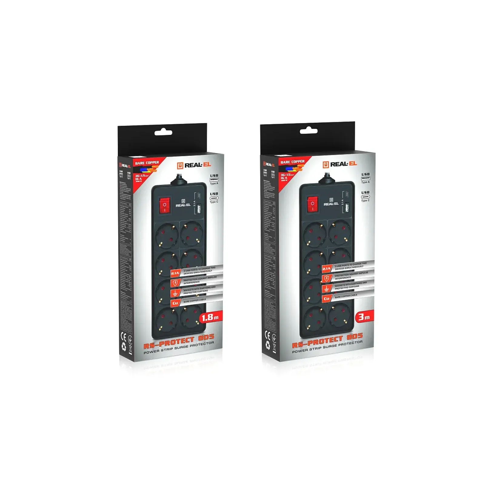 Фільтр живлення REAL-EL RS-Protect 805 1.8м Black (EL122300042) UA