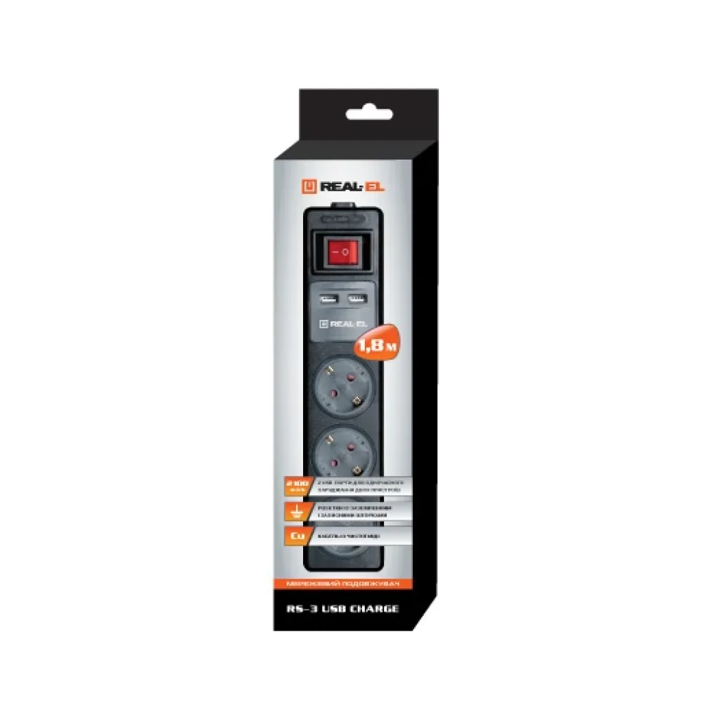 Фильтр питания REAL-EL RS-3 USB CHARGE 1.8m Black, EL122500001 UA