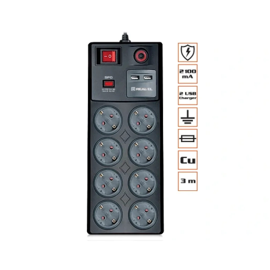 Фільтр живлення REAL-EL RS-8F USB CHARGE 3.0m Black, EL122300004 UA